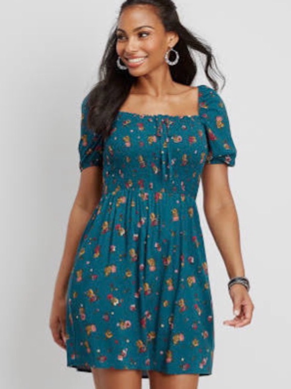 Maurices Teal Floral Square-Neck Smocked Mini Dress